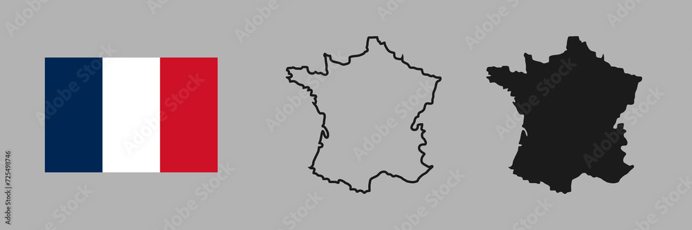 France flag and map silhouette linear and black illustration. Vector