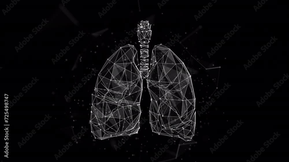 Abstract Animated Low Poly Illustration of a Breathing Human Lung made of Connected Dots and Neon Particles. 4K Looped Motion Graphic on Transparent Background.