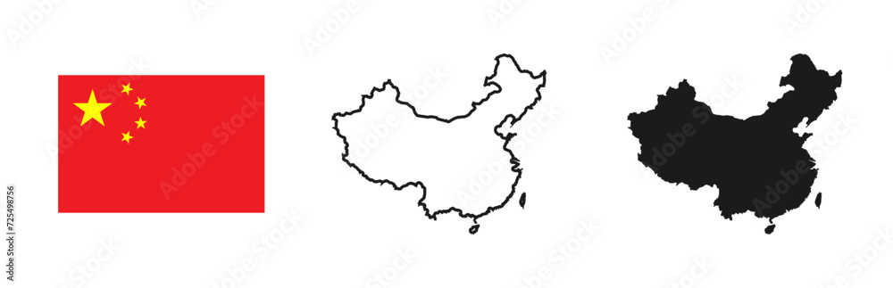 China flag and map silhouette linear and black illustration. Vector China flag and map silhouette linear and black illustration. Vector