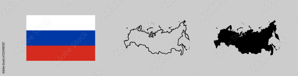 Fototapeta premium Russia flag and map silhouette linear and black illustration. Vector