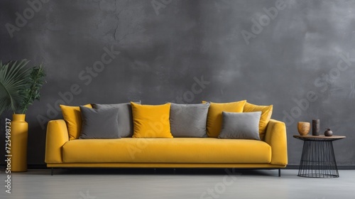Grey sofa with mustard color pillows against dark concrete wall with copy space, Loft home interior design of modern living room
