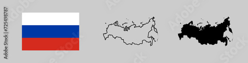 Russia flag and map silhouette linear and black illustration. Vector