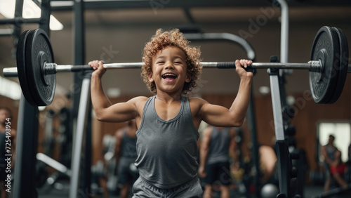 child in sportswear in the gym lifts a very heavy barbell - health and wellness concept - ai generative image
