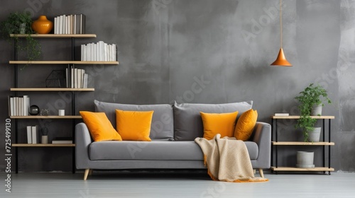 Grey sofa with orange and white pillows against concrete wall with shelving unit. Scandinavian home interior design of modern living room