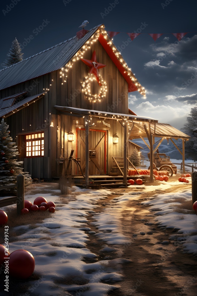 Christmas and New Year in the village. Wooden house with red balls and garland lights.