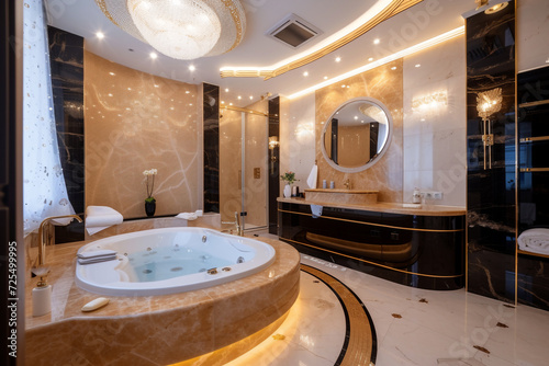 acuzzi Tub Elegance in a Gleaming Marble and Gold Bathroom photo