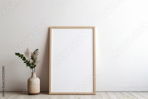 An empty wooden poster frame on the floor against a white wall with a plant decor vase. Frame mockup © Tetyana