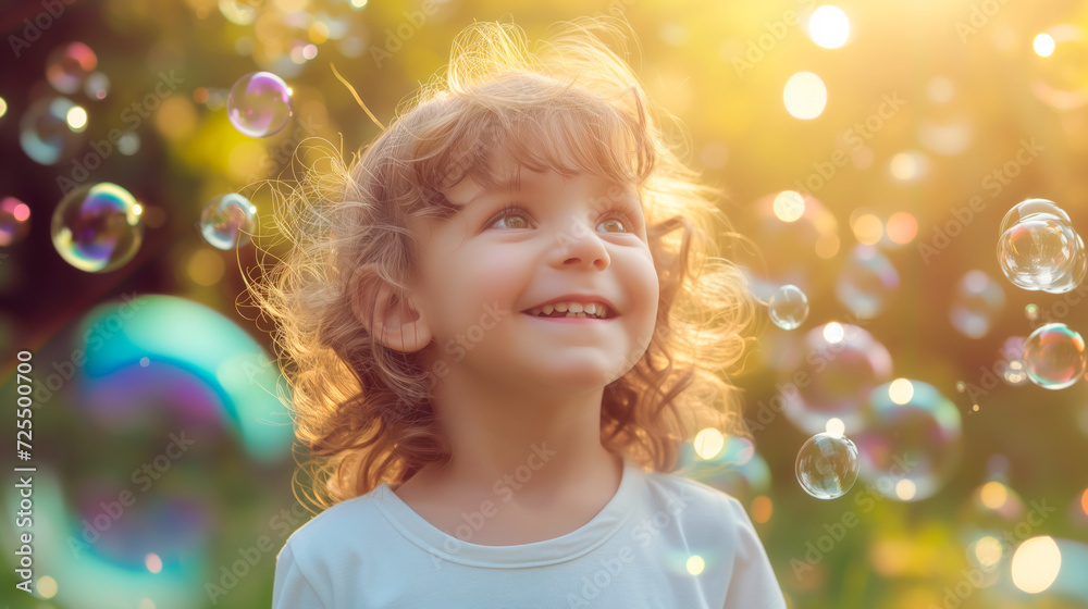 Joyful boy with arms raised, playing with bubbles in sunlit garden, Dreamy memories of childhood happiness and summertime fun. Wide banner with copy space. Joyful boy with arms raised, playing with bubbles in sunlit garden, Dreamy memories of childhood happiness and summertime fun. Wide banner with copy space.