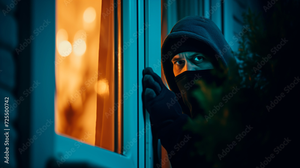 Burglar peeking into home at night, concept of crime and security
 - obrazy, fototapety, plakaty 