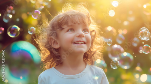 Joyful boy with arms raised, playing with bubbles in sunlit garden, Dreamy memories of childhood happiness and summertime fun. Wide banner with copy space.