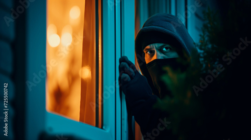 Burglar peeking into home at night, concept of crime and security 