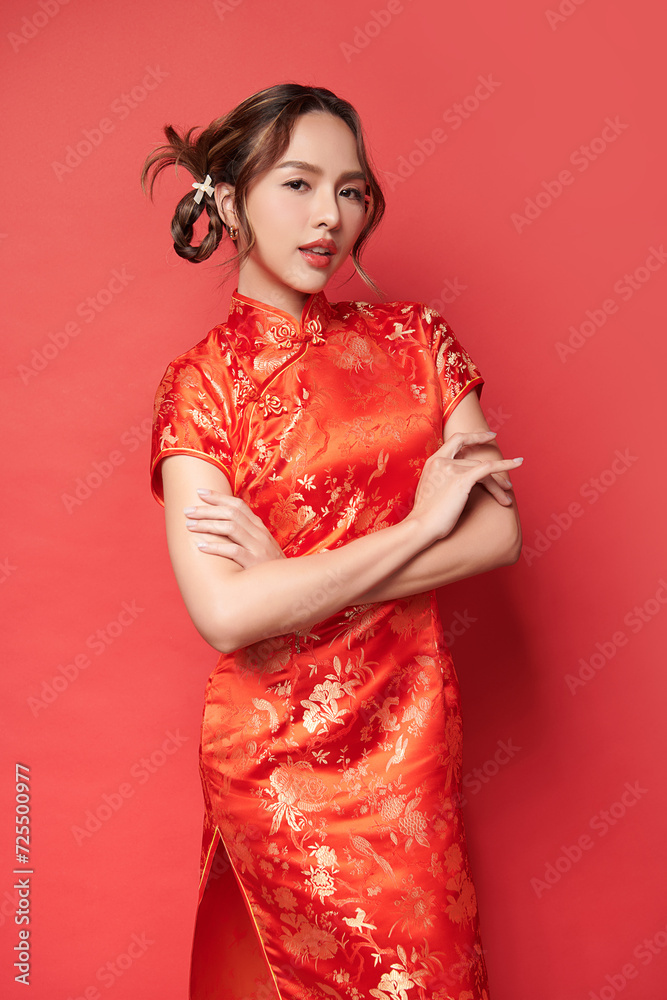 Asian chinese woman in traditional dress on red background. Chinese new year festival, Asian chinese woman in traditional dress on red background. Chinese new year festival,