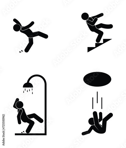 fall icon set, man fell from the stairs, in the shower and on the wet floor, falling into a hole illustration