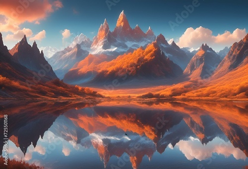 AI generated illustration of a Scenic mountain landscape mirrored in tranquil waters