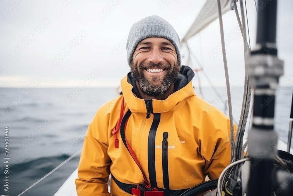 Portrait of a happy man sailing on a sailboat in the sea Portrait of a happy man sailing on a sailboat in the sea
