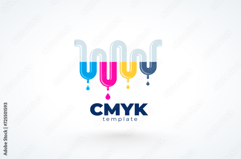 Logo СMYK Print Polygraphy theme. Ink is flowing through tube, paint ...