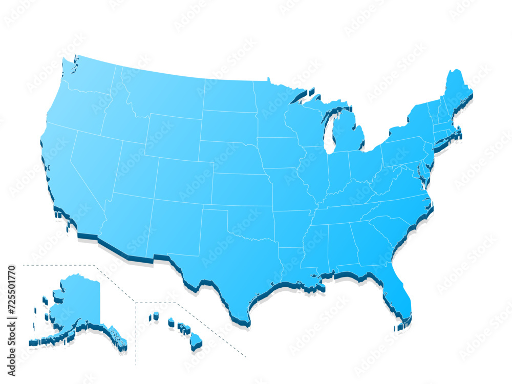 Minimalistic map of the USA blue color on white background. Thin clean lines. Vector illustration.