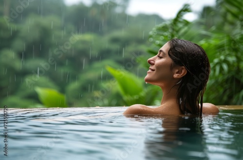 Happiness of a woman in an infinity pool, experiencing the beauty of warm tropical rain, surrounded by the lush greenery of the jungle in the background