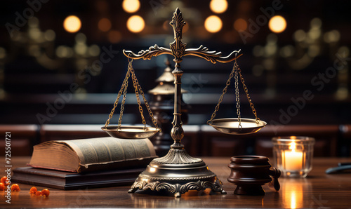 Symbol of law and justice, legal code, and balance scales on a wooden desk in a courtroom with warm, glowing light in the background creating an atmosphere of integrity and judgment photo