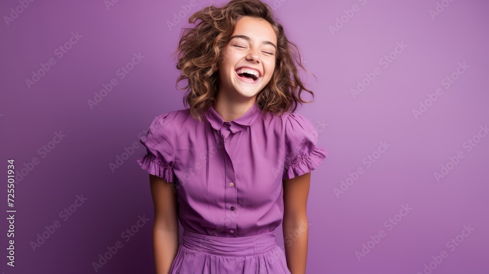 Laughing teenager in purple dress on pink for copy space Laughing teenager in purple dress on pink for copy space