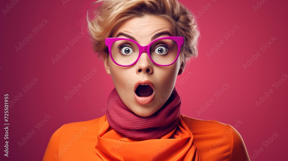 Orange banner showcasing surprised woman in magenta Orange banner showcasing surprised woman in magenta