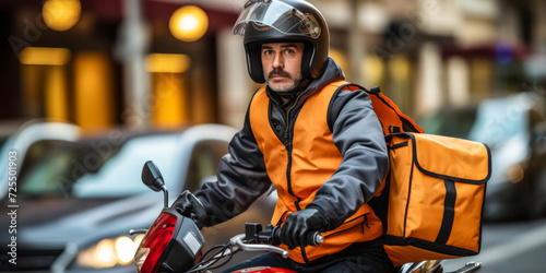 Focused Food Delivery Rider in Helmet Mounted on Vibrant Orange Motorcycle Carrying Insulated Delivery Bag in Urban Setting