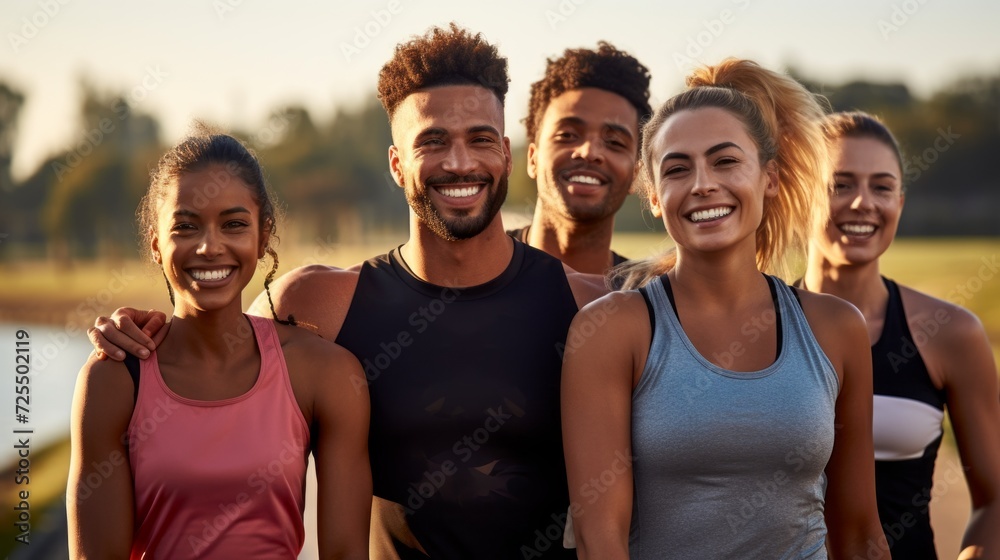 Group of fit multi ethnic men and women wearing sportswear standing together and laughing smiling looking at camera after workout outdoor in park.