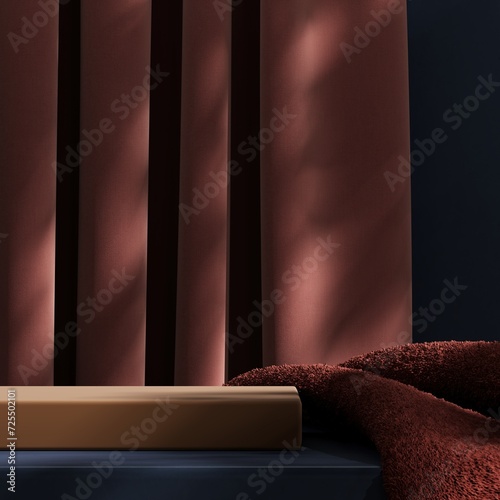 Minimal pedestal with red fabric and curtain on dark blue base. abstract background for product presentation. 3D illustration