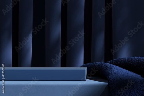 Minimal pedestal with dark blue fabric and curtain on blue base. abstract background for product presentation. 3D illustration
