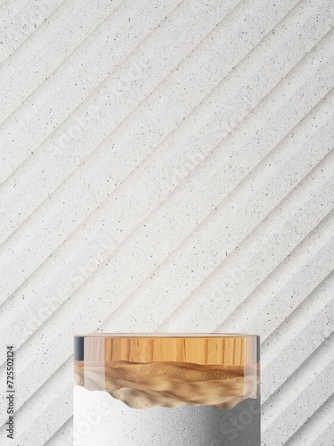 White stone pallet with orange glass top and white cement backdrop. Abstract background for product presentation. 3D illustration
