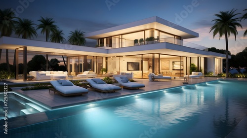 Luxury modern villa with swimming pool at night. Panorama