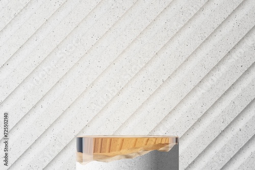 White stone pallet with orange glass top and white cement backdrop. Abstract background for product presentation. 3D illustration