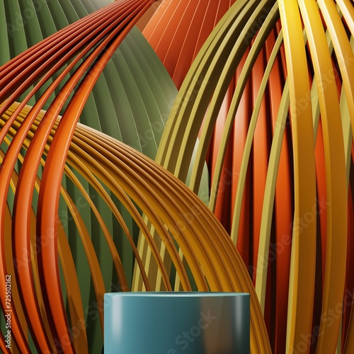 Blue podium with abstract background. Colorful background. 3D rendering
