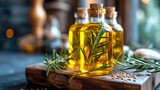 Elegant small bottles of rosemary infused olive oil arranged beautifully on a rustic wooden board.