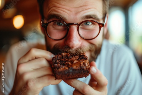 man eating a brownie close up photo