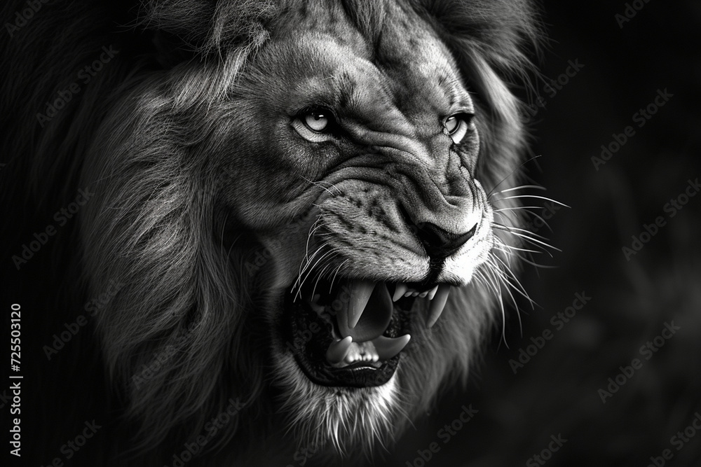 Fierce and intense, a close-up of an aggressive lion's head poised for attack in monochrome style. Ideal illustration for cover, card, postcard, interior design, banner, poster, brochure, or presentat