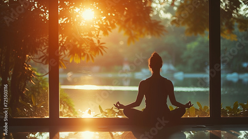 A photo of a person practicing yoga in a serene outdoor setting, promoting a healthy and mindful lifestyle. 