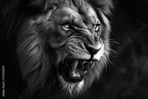 Fierce and intense, a close-up of an aggressive lion's head poised for attack in monochrome style. Ideal illustration for cover, card, postcard, interior design, banner, poster, brochure, or presentat © Lakshika