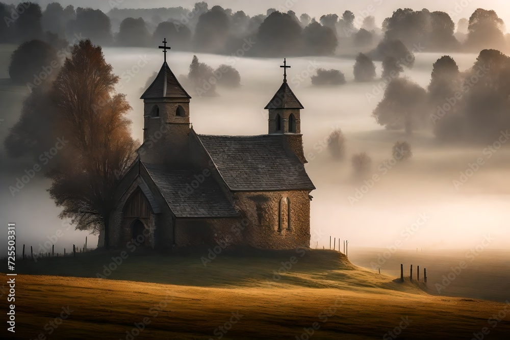 A countryside Chapel emerging from the morning fog 