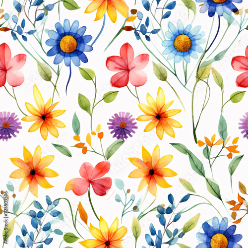 Seamless pattern of watercolor flowers in full bloom  featuring a vivid array of colors suitable for charming wrapping paper designs.