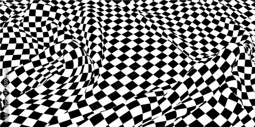 Abstract vector background wavy surface with curve pattern black quards. Black checkers isolated on white. For banner.