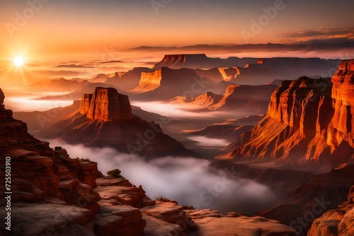Sunrise over a fog filled canyon 