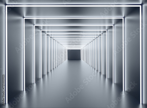 White neon tunnel. Black corridor with white glowing fluorescent lamp.