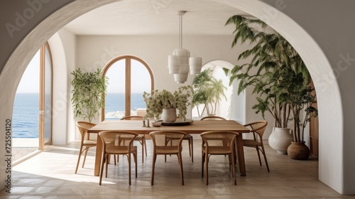 Coastal, mediterranean home interior design of modern dining room with arched ceiling © Usman