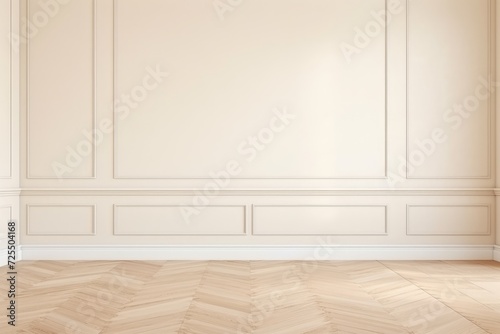 Beige classic wall background mockup with light brown wooden floor. Elegant wall for product or art mock up