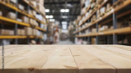 Empty wooden table on defocused blurred shelves in warehouse background