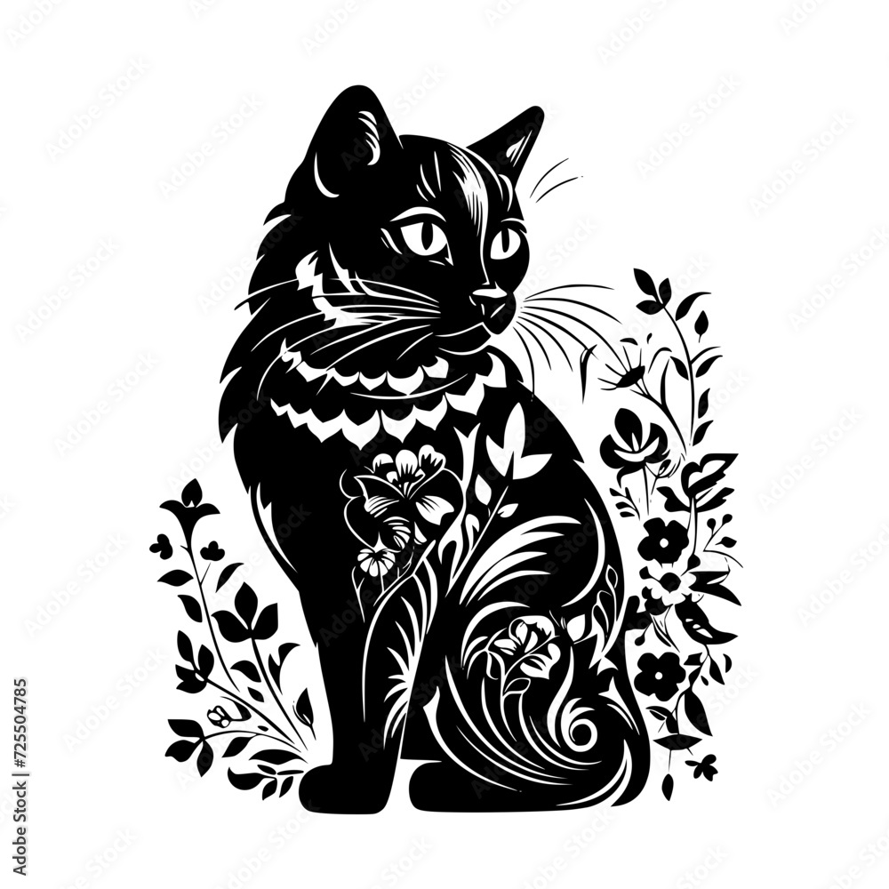Obraz premium cat svg, cat floral svg, car lover svg, animal svg bundle, domestic pet svg, cat mom svg, cat bundle svg, cat mama svg, cat printable svg, flower svg, plant svg, floral svg, silhouette cat, cat, anima