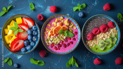 Colorful Acai Bowl with Fresh Fruits and Superfoods on Dark Background photo