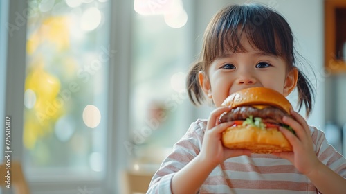 young asian little girl eating big burger at home  moment capturing the indulgence homemade fast food enjoying .
