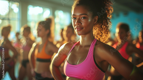 A woman poses exercises in a fitness class, capturing the energy and camaraderie of a workout session. 